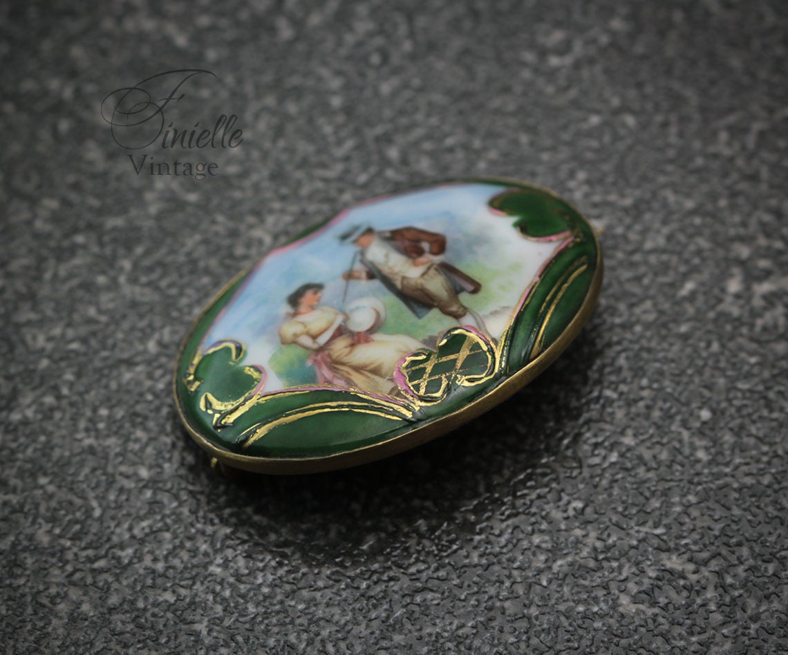 Antique Victorian Picture Porcelain Brooch Pin, Hand-Finished, Gold Plated Brass, Collectable Item, Unique Vintage Antique Jewellery Jewelry