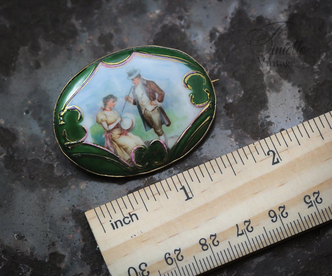 Antique Victorian Picture Porcelain Brooch Pin, Hand-Finished, Gold Plated Brass, Collectable Item, Unique Vintage Antique Jewellery Jewelry