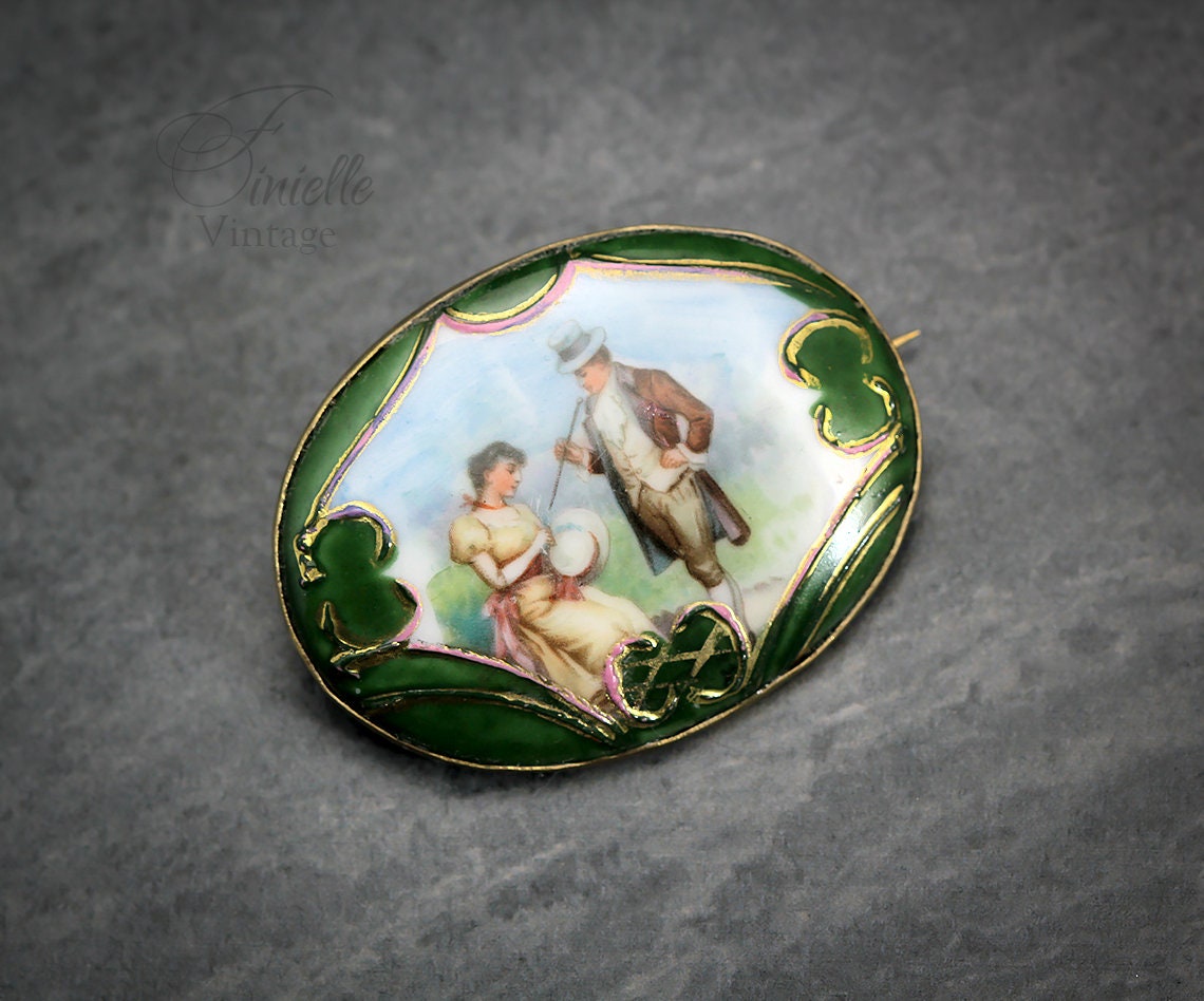 Antique Victorian Picture Porcelain Brooch Pin, Hand-Finished, Gold Plated Brass, Collectable Item, Unique Vintage Antique Jewellery Jewelry