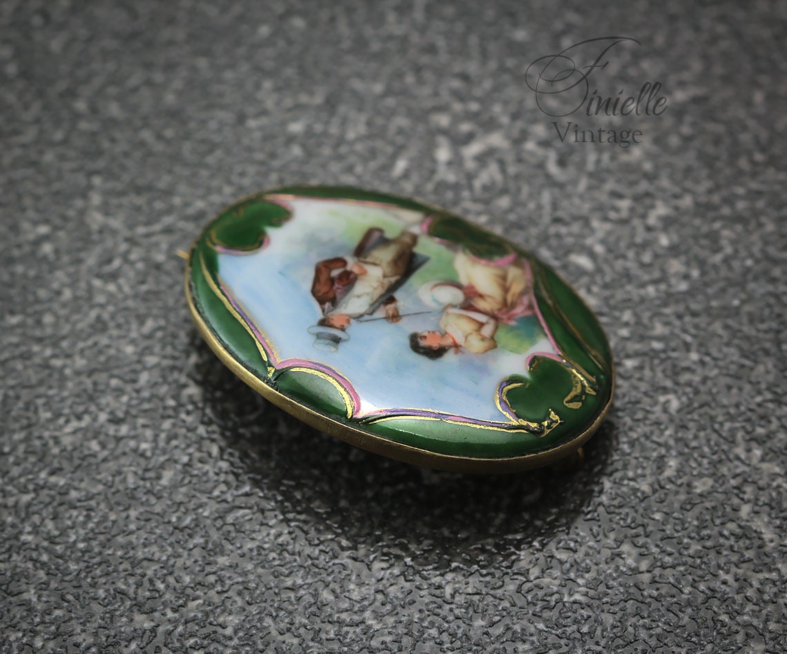 Antique Victorian Picture Porcelain Brooch Pin, Hand-Finished, Gold Plated Brass, Collectable Item, Unique Vintage Antique Jewellery Jewelry