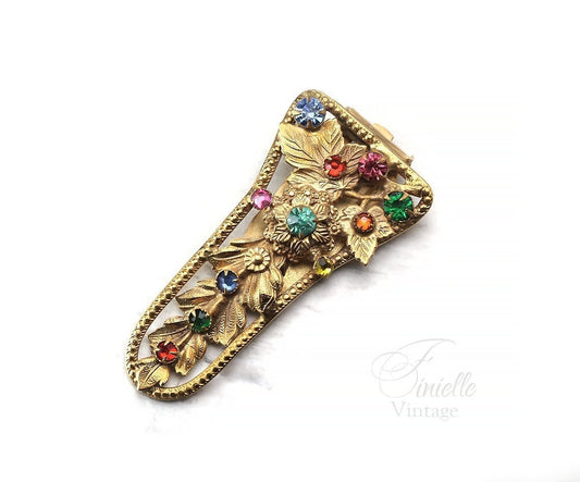 Antique Vintage c1920-1930 Art Deco Czech Bohemian Floral Brooch Dress Clip, 18K Gold Plated Brass, Crystal Rhinestones, Unique Jewelry