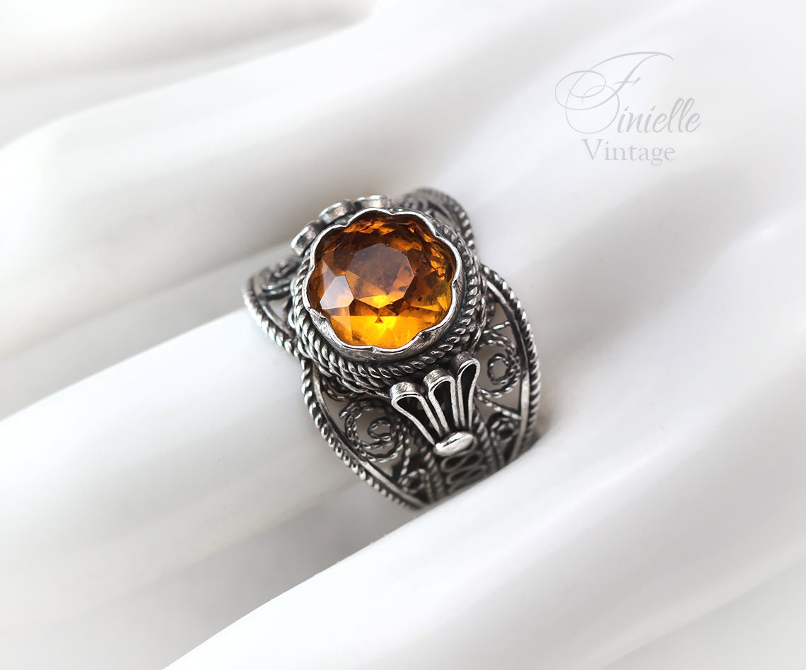 Vintage 1930s Czech Art Deco Filigree Wire Wrap Sterling Silver Ring, Faceted Crystal Faux Citrine, Jewelry Jewellery Vintage Unique Gift