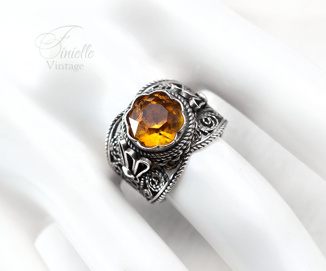 Vintage 1930s Czech Art Deco Filigree Wire Wrap Sterling Silver Ring, Faceted Crystal Faux Citrine, Jewelry Jewellery Vintage Unique Gift