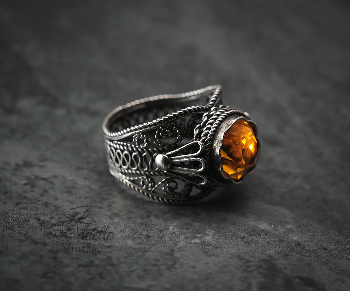 Vintage 1930s Czech Art Deco Filigree Wire Wrap Sterling Silver Ring, Faceted Crystal Faux Citrine, Jewelry Jewellery Vintage Unique Gift