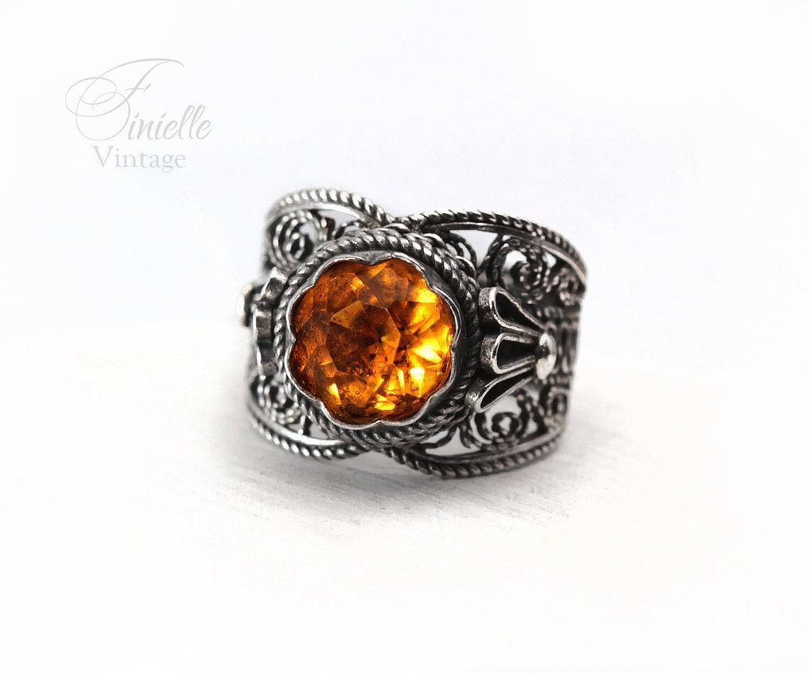 Vintage 1930s Czech Art Deco Filigree Wire Wrap Sterling Silver Ring, Faceted Crystal Faux Citrine, Jewelry Jewellery Vintage Unique Gift