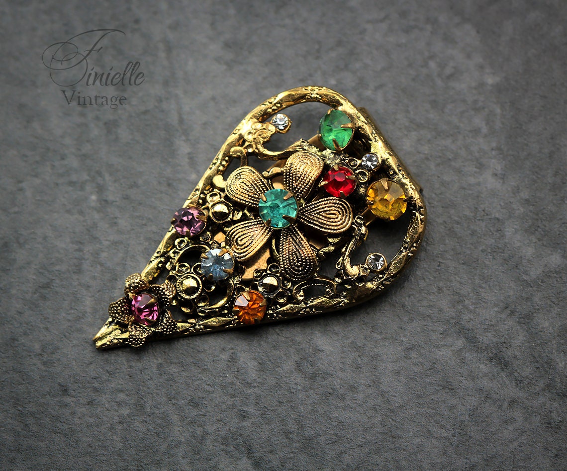 Antique Vintage c1920-1930 Art Deco Czech Bohemian Floral Brooch Dress Clip, 18K Gold Plated Brass, Crystal Rhinestones, Unique Jewelry