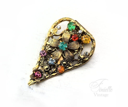 Antique Vintage c1920-1930 Art Deco Czech Bohemian Floral Brooch Dress Clip, 18K Gold Plated Brass, Crystal Rhinestones, Unique Jewelry