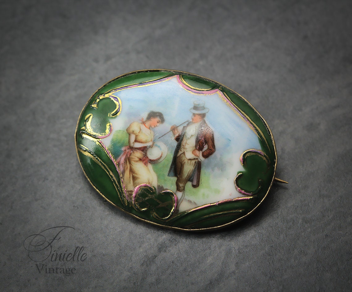 Antique Victorian Picture Porcelain Brooch Pin, Hand-Finished, Gold Plated Brass, Collectable Item, Unique Vintage Antique Jewellery Jewelry