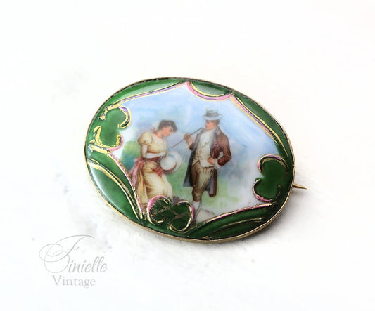 Antique Victorian Picture Porcelain Brooch Pin, Hand-Finished, Gold Plated Brass, Collectable Item, Unique Vintage Antique Jewellery Jewelry