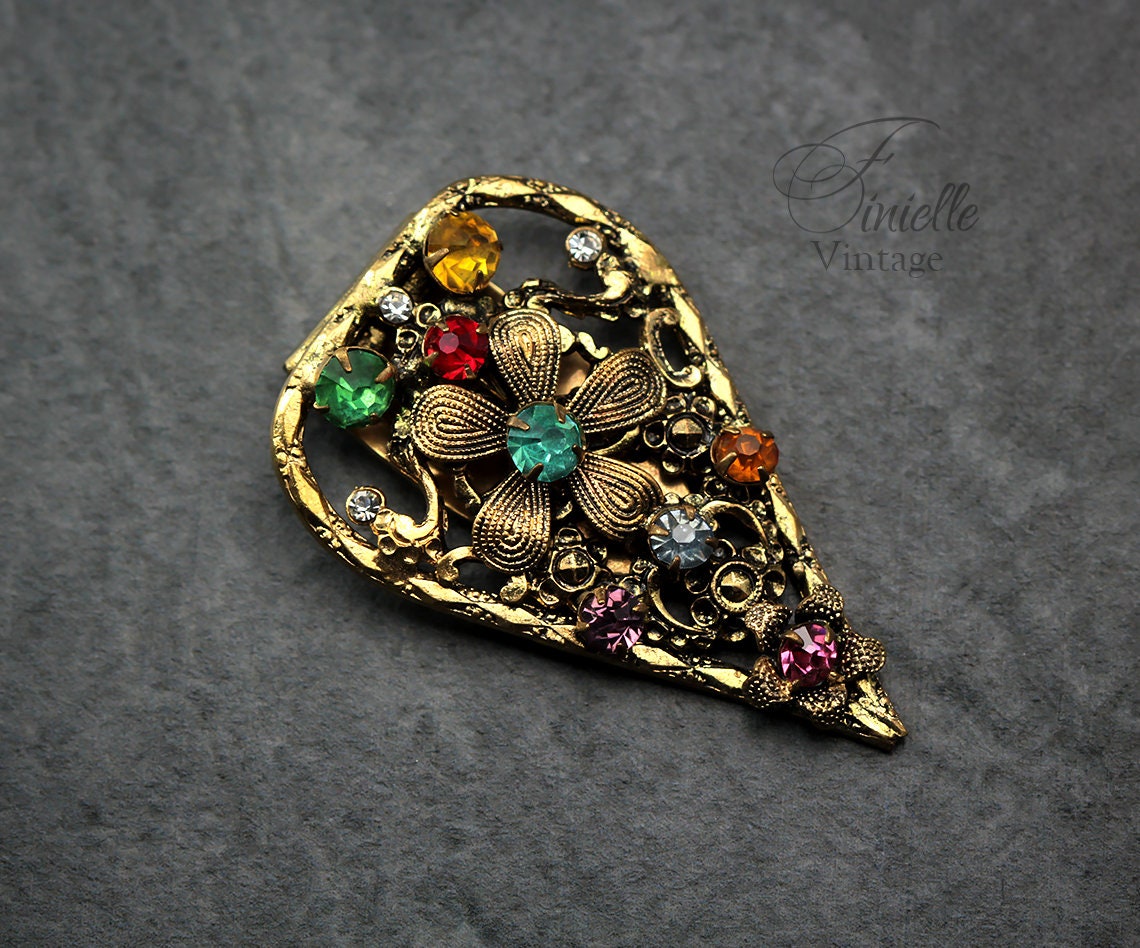 Antique Vintage c1920-1930 Art Deco Czech Bohemian Floral Brooch Dress Clip, 18K Gold Plated Brass, Crystal Rhinestones, Unique Jewelry