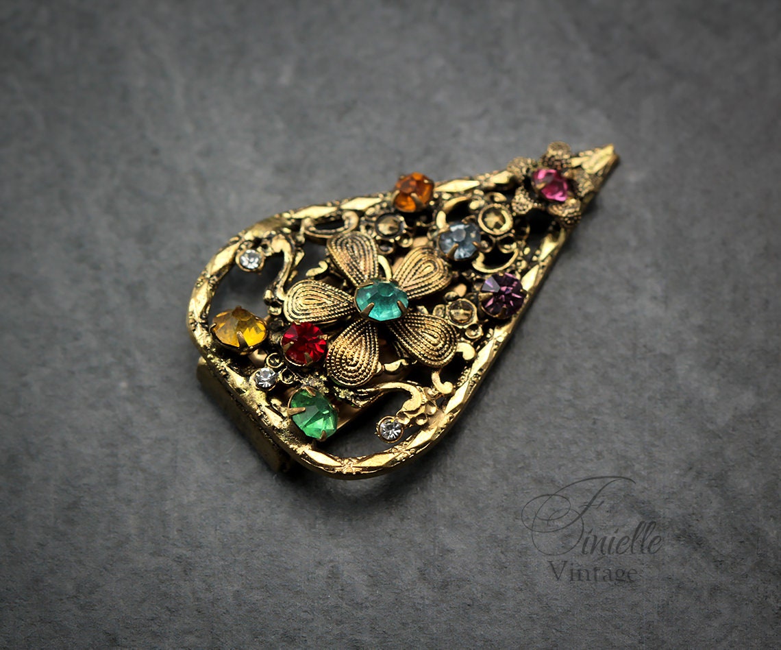 Antique Vintage c1920-1930 Art Deco Czech Bohemian Floral Brooch Dress Clip, 18K Gold Plated Brass, Crystal Rhinestones, Unique Jewelry