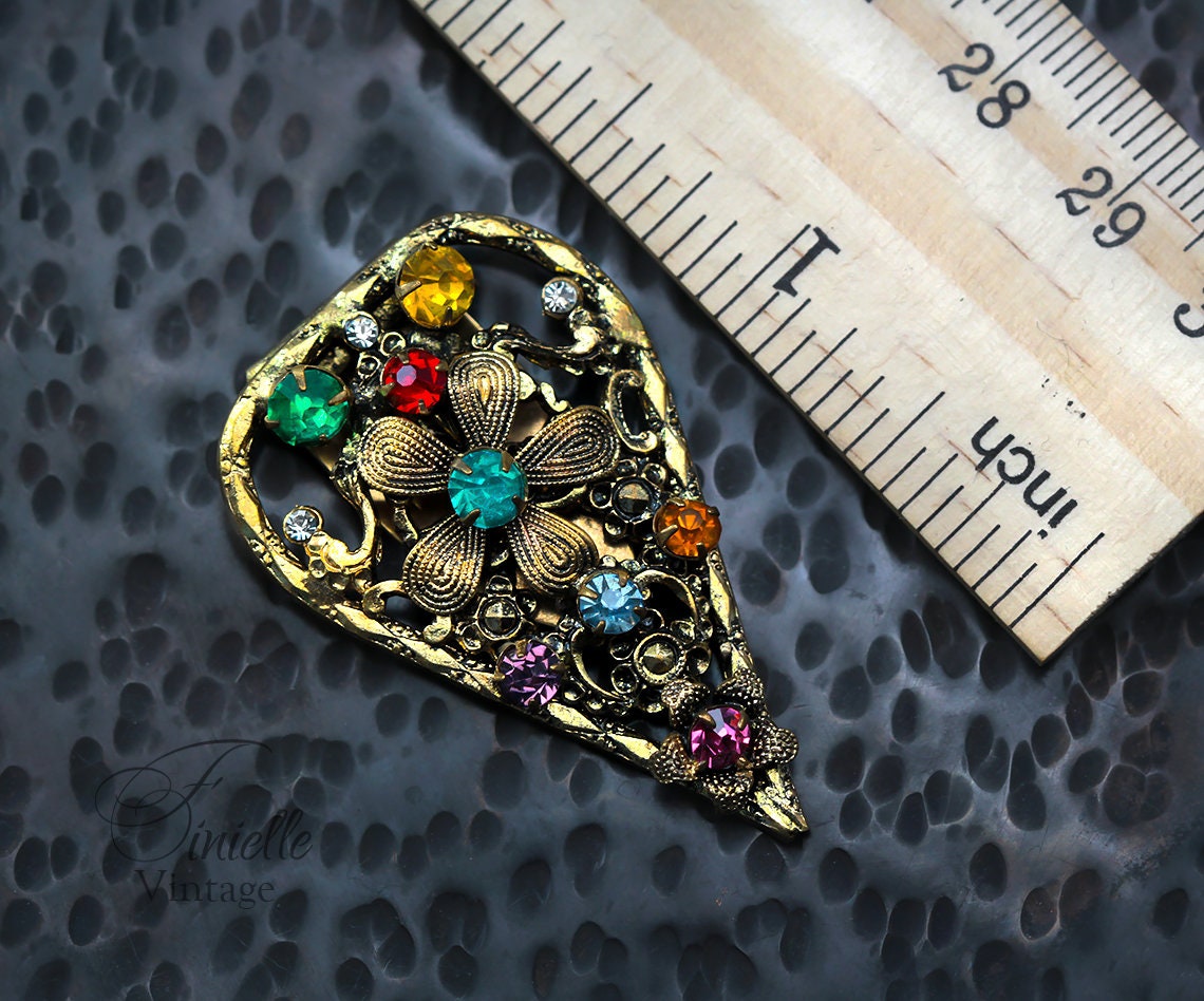 Antique Vintage c1920-1930 Art Deco Czech Bohemian Floral Brooch Dress Clip, 18K Gold Plated Brass, Crystal Rhinestones, Unique Jewelry