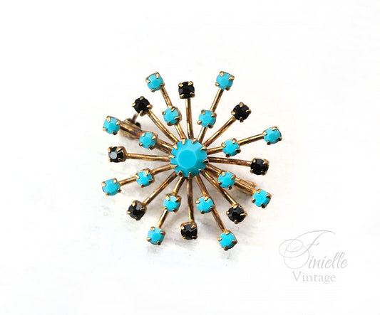 Vintage c1940-1950 Art Deco Czech Bohemian Starburst Brooch Pin, 18K Gold Plated Brass, Faux Glass Turquoise, Unique Jewelry Gift