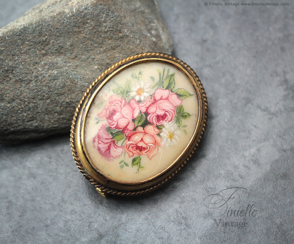 Vintage 1950s Handpainted Flower Bouquet Floral Rose Brooch Pin, Gold Filled, Exquisite Jewelry Jewellery, Unique Gift