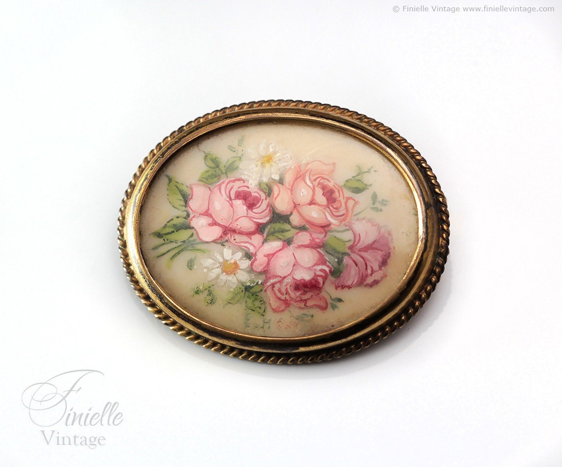 Vintage 1950s Handpainted Flower Bouquet Floral Rose Brooch Pin, Gold Filled, Exquisite Jewelry Jewellery, Unique Gift