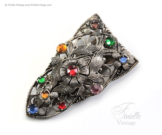 Antique Vintage c1920-1930 Art Deco Czech Bohemian Floral Brooch Dress Clip, Silver Plated Brass, Crystal Rhinestones, Unique Jewelry