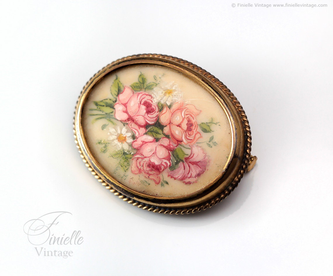 Vintage 1950s Handpainted Flower Bouquet Floral Rose Brooch Pin, Gold Filled, Exquisite Jewelry Jewellery, Unique Gift