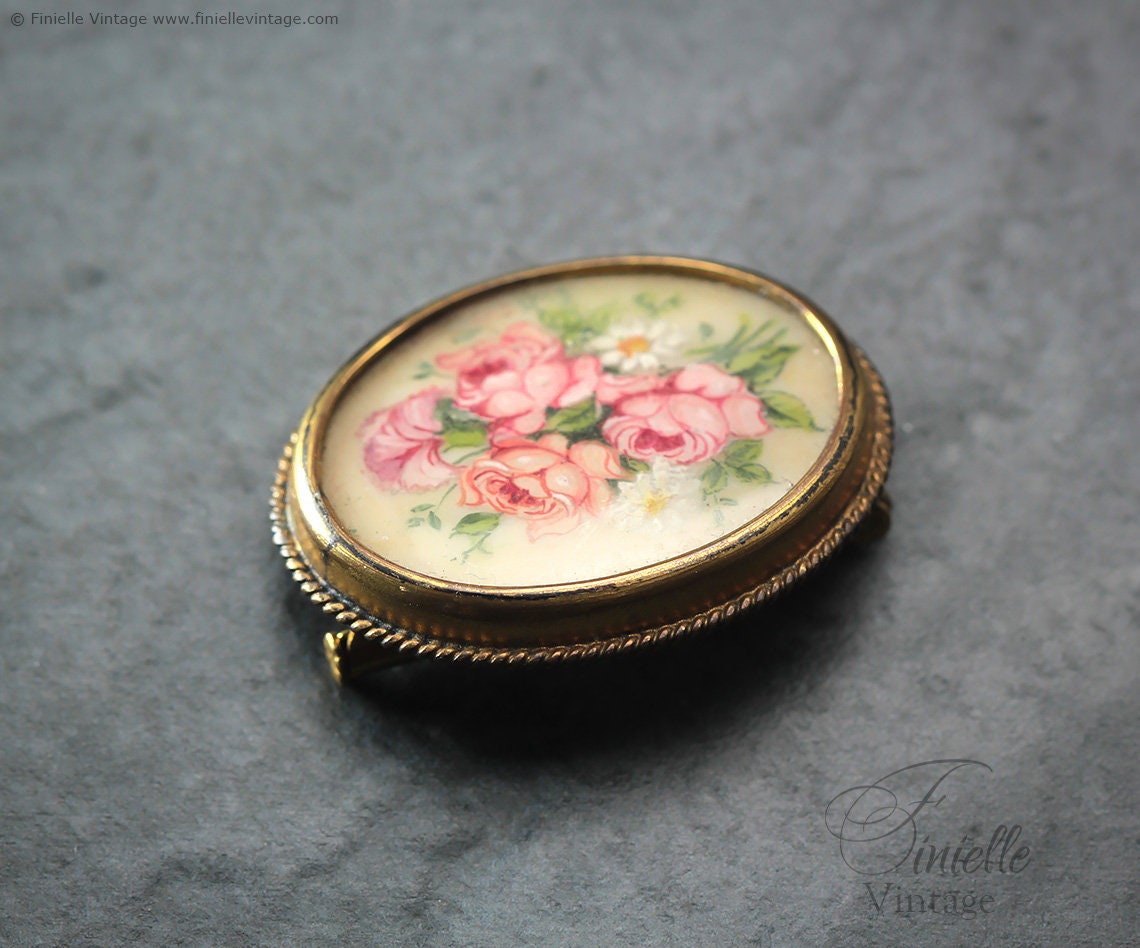 Vintage 1950s Handpainted Flower Bouquet Floral Rose Brooch Pin, Gold Filled, Exquisite Jewelry Jewellery, Unique Gift