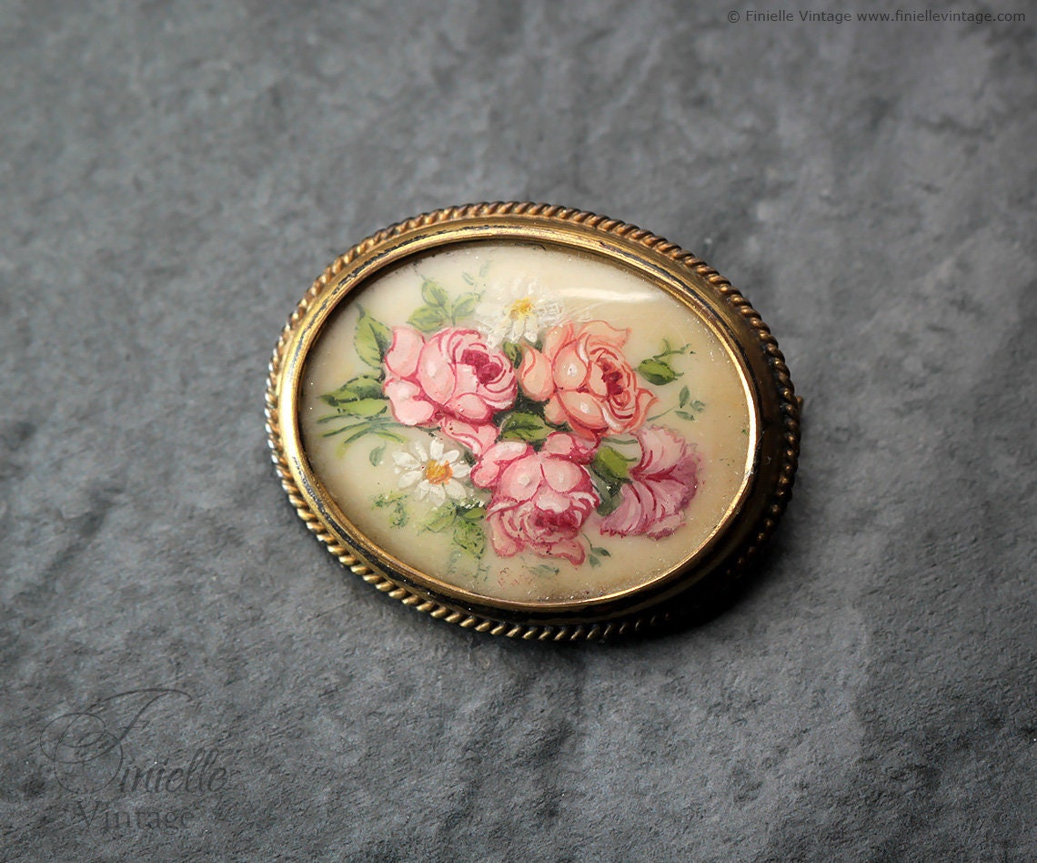 Vintage 1950s Handpainted Flower Bouquet Floral Rose Brooch Pin, Gold Filled, Exquisite Jewelry Jewellery, Unique Gift