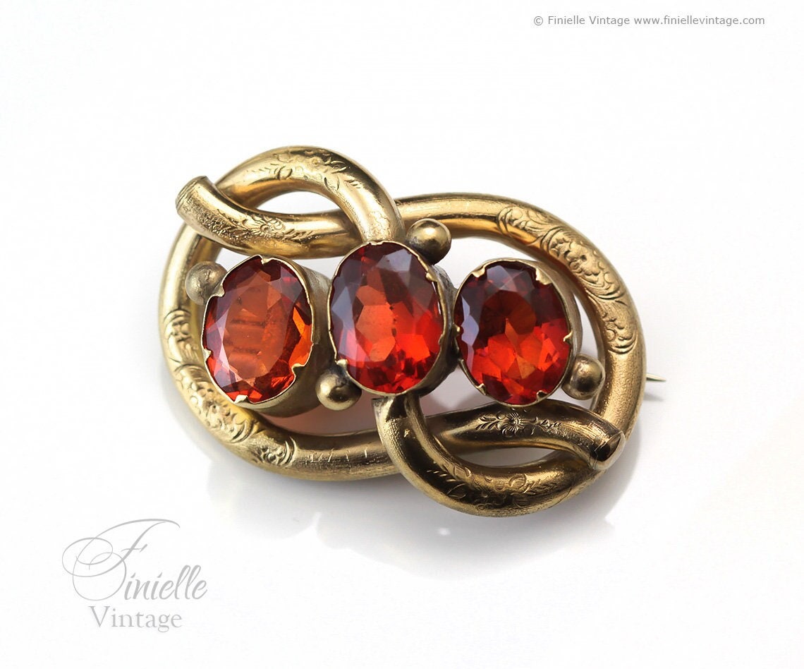 Antique Victorian c1900, Eternal Love Celtic Style Love Knot Large Brooch, Faceted, Fire Red Glass, Floral, Engraved, Gold Plated