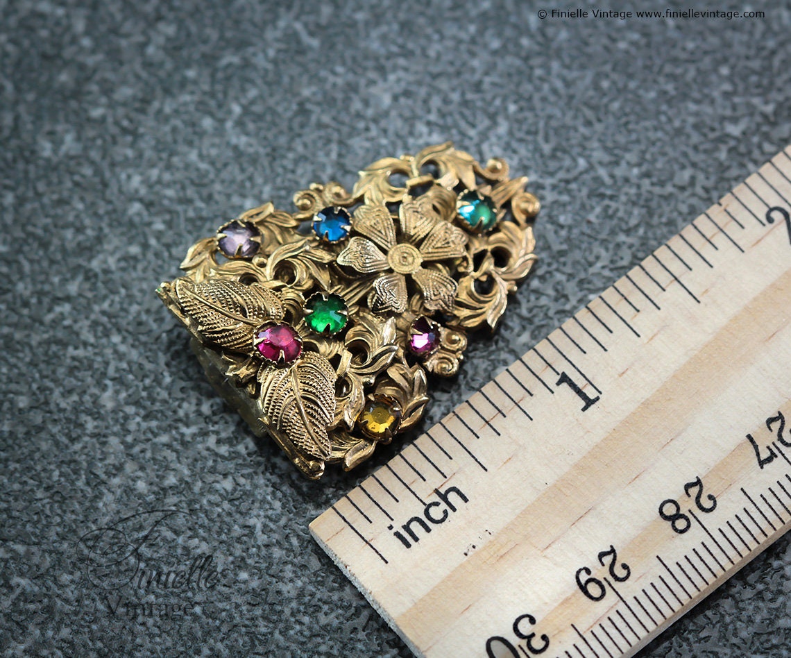 Antique Vintage c1920-1930 Art Deco Czech Bohemian Floral Brooch Dress Clip, 18K Gold Plated Brass, Crystal Rhinestones, Unique Jewelry