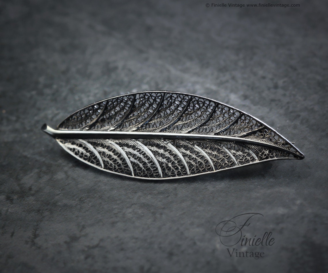 Vintage 1970s Filigree Large Elegant Leaf Brooch Pin, Silver .800, Vintage Exquisite Jewelry Jewellery Unique Gift