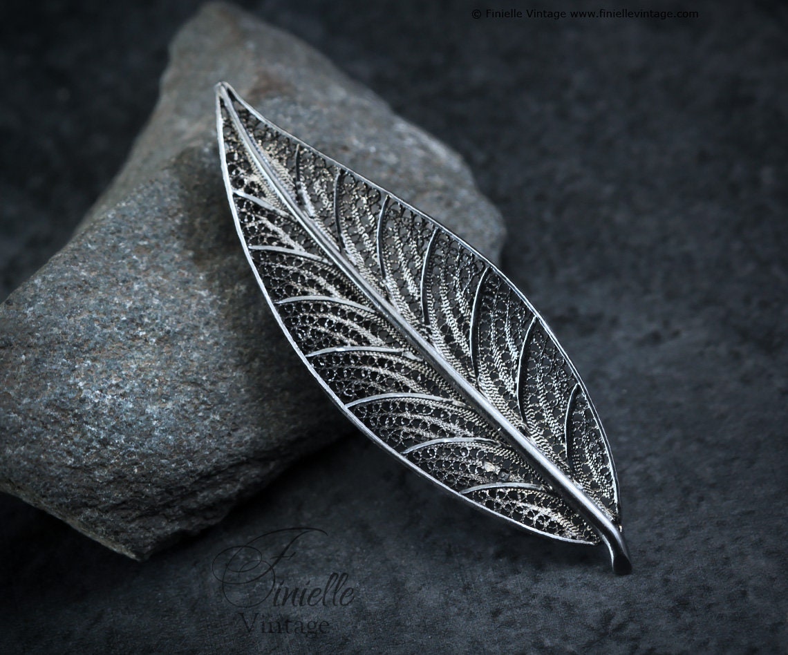 Vintage 1970s Filigree Large Elegant Leaf Brooch Pin, Silver .800, Vintage Exquisite Jewelry Jewellery Unique Gift