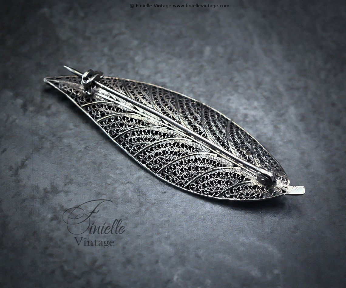 Vintage 1970s Filigree Large Elegant Leaf Brooch Pin, Silver .800, Vintage Exquisite Jewelry Jewellery Unique Gift