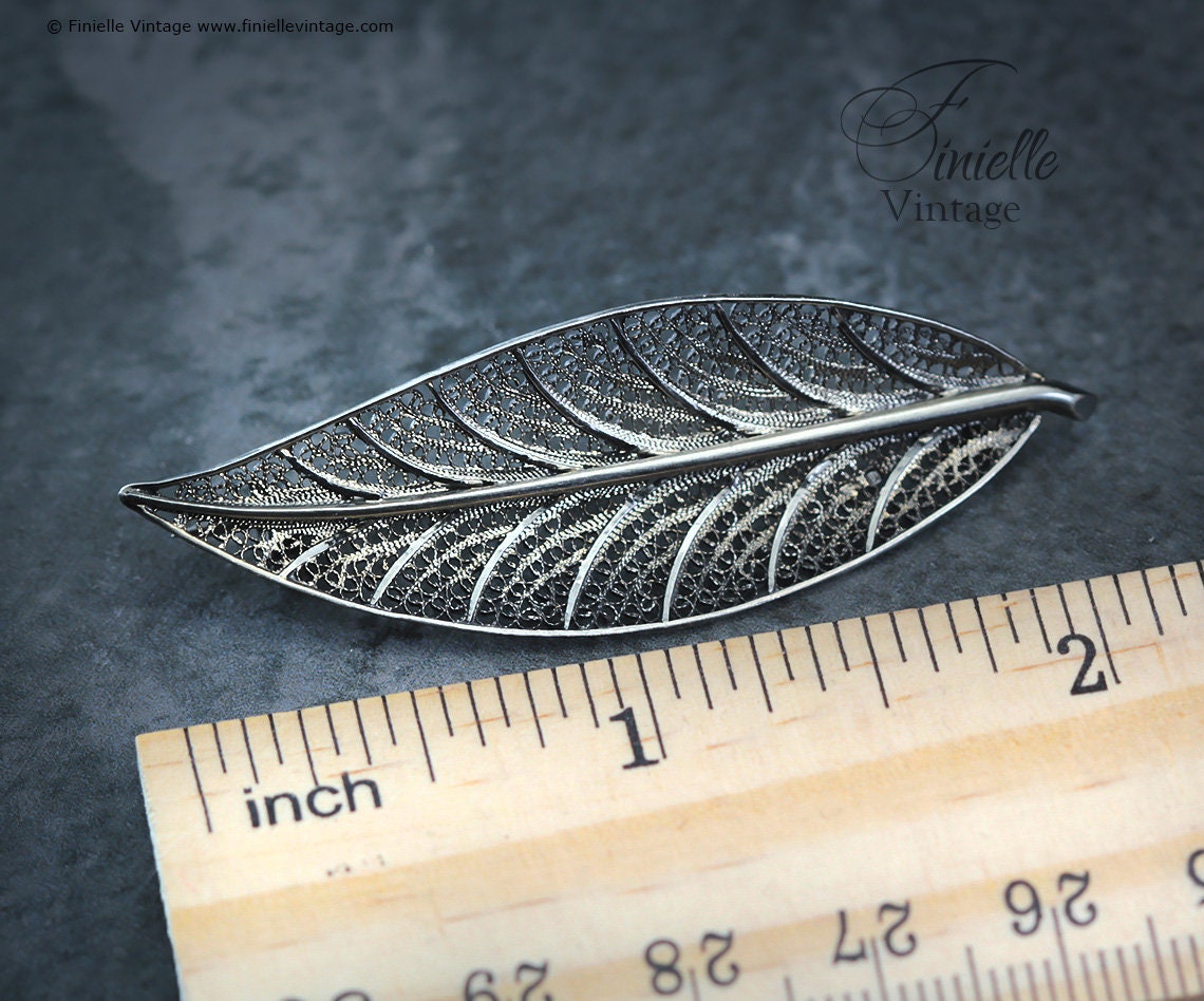 Vintage 1970s Filigree Large Elegant Leaf Brooch Pin, Silver .800, Vintage Exquisite Jewelry Jewellery Unique Gift