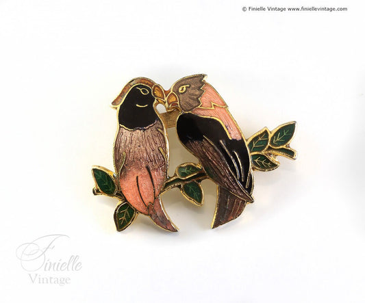 Vintage 1980s, Enamel Cloisonné, Floral, Pair Parrots Sweetheart Brooch, Love Birds, Gold Tone, Unique Vintage Jewelry Jewellery