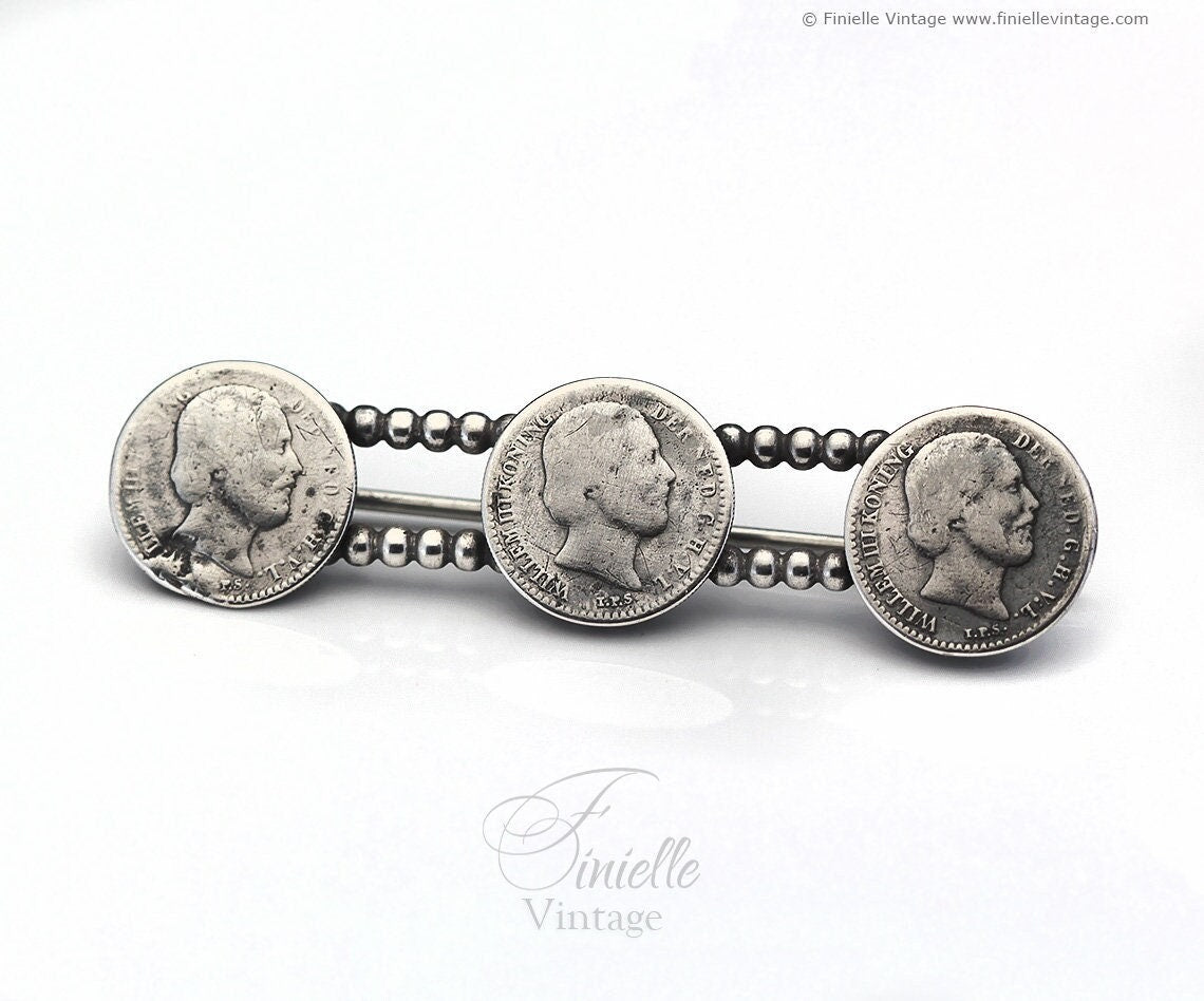 Antique Early 1900s, Triple 10 Cent Willem III Koning, Sterling Silver Netherland Coins Brooch, Classic Victorian Era C clasp & T-bar Hinge