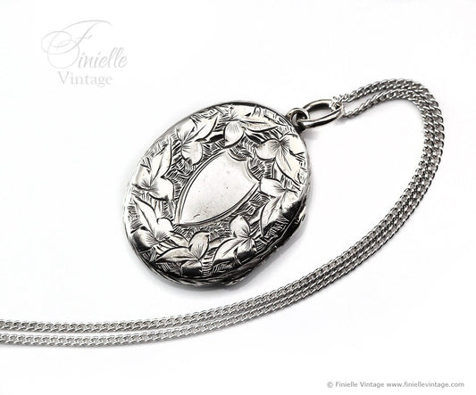 Sterling Silver Vintage 1930s Oval 2 Photo Locket Pendant Necklace, Engraved Ornate Floral, Sterling Silver Plain Curb Chain