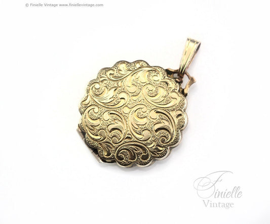 Vintage 1970s 14Ct Rolled Gold Floral Engraved Ornate Fancy Shape 2 Photo Small Locket Pendant, Maker K&L Kordes and Lichtenfels