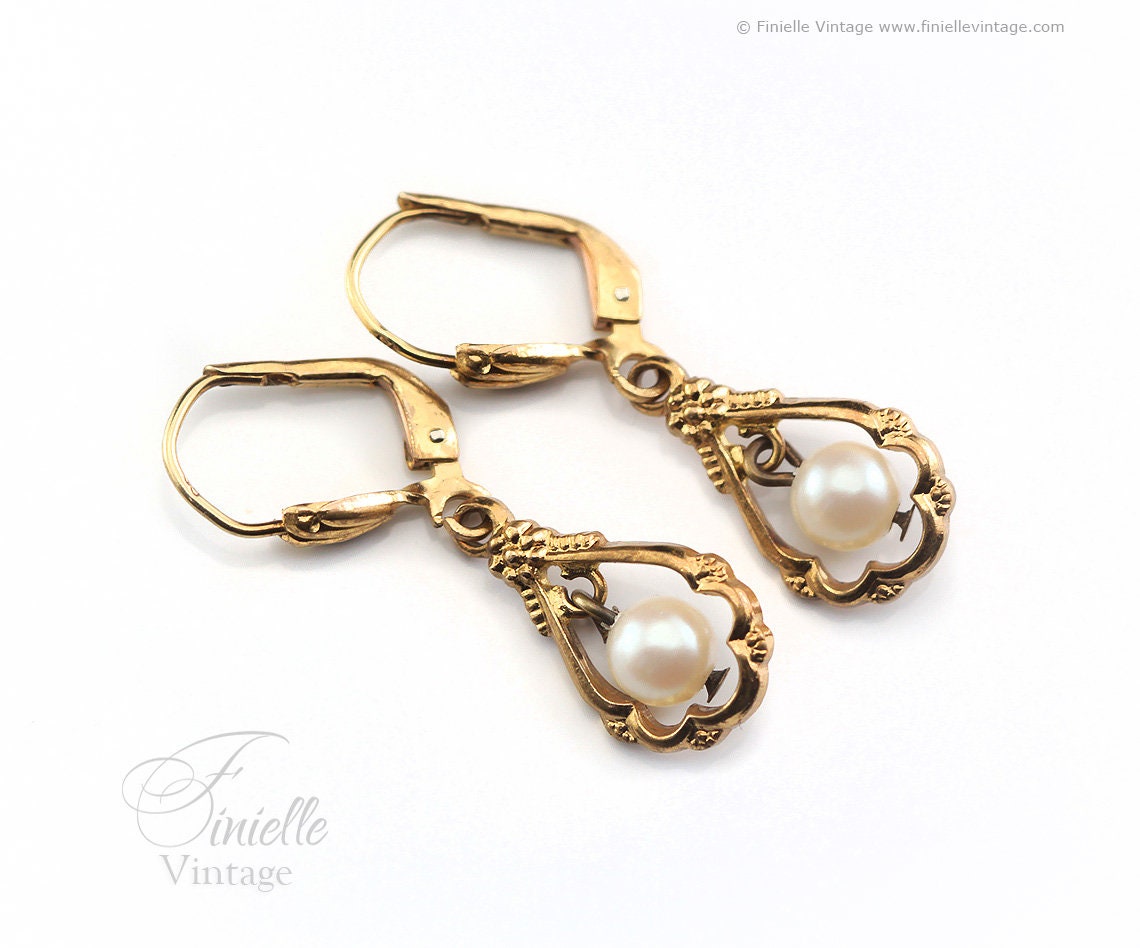 Vintage 1930s Art Deco Germany Ges Gesch Earrings, Gold Tone, Faux Pearls, Gift for Women, Unique Vintage Jewellery Jewelry, RARE