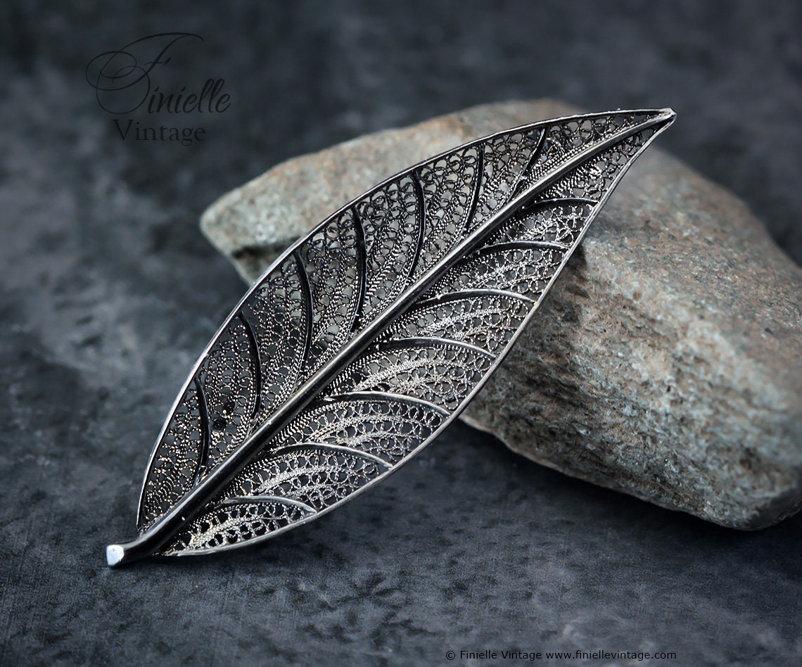 Vintage 1970s Filigree Large Elegant Leaf Brooch Pin, Silver .800, Vintage Exquisite Jewelry Jewellery Unique Gift