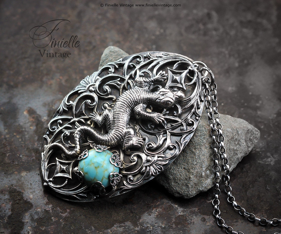 Vintage Art Deco Revival Lizard Ornate Filigree Pendant Necklace, Antique Silver Plated, Faux Turquoise, Sterling Silver Chain, Unique Gift