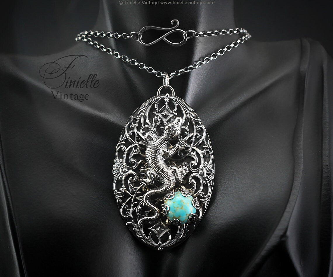 Vintage Art Deco Revival Lizard Ornate Filigree Pendant Necklace, Antique Silver Plated, Faux Turquoise, Sterling Silver Chain, Unique Gift