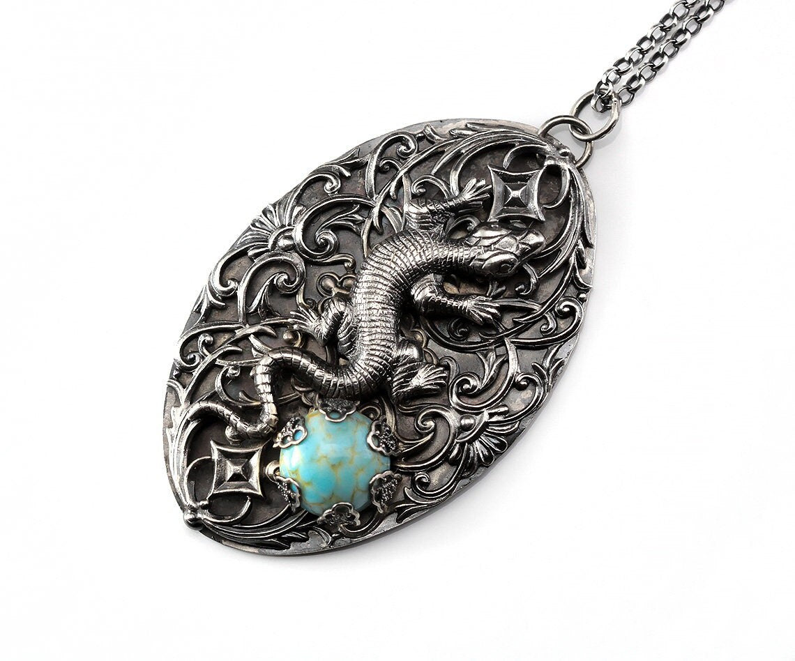 Vintage Art Deco Revival Lizard Ornate Filigree Pendant Necklace, Antique Silver Plated, Faux Turquoise, Sterling Silver Chain, Unique Gift