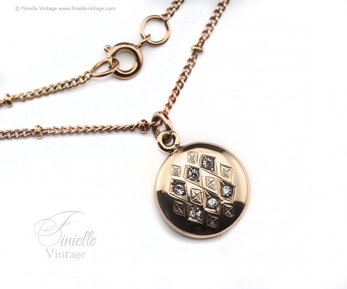 Antique Rose Rolled Gold Victorian 1850-1900 Engraved Round Small Charm Locket Pendant Necklace, 12Ct Rose Gold Plated 15.3" Chain