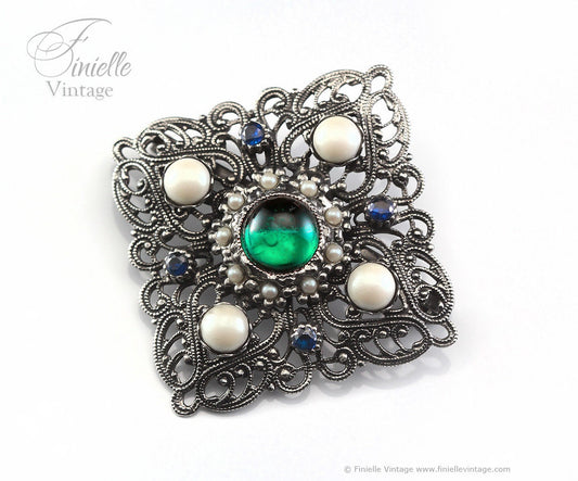 Vintage Art Deco 1950's Czech Filigree Brooch, Moonglow Green Glass, Faux Pearls, Sapphire Glass Rhinestones, Silver Plated Vintage Jewelry