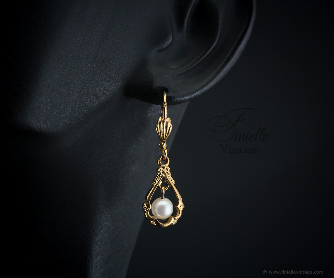 Vintage 1930s Art Deco Germany Ges Gesch Earrings, Gold Tone, Faux Pearls, Gift for Women, Unique Vintage Jewellery Jewelry, RARE