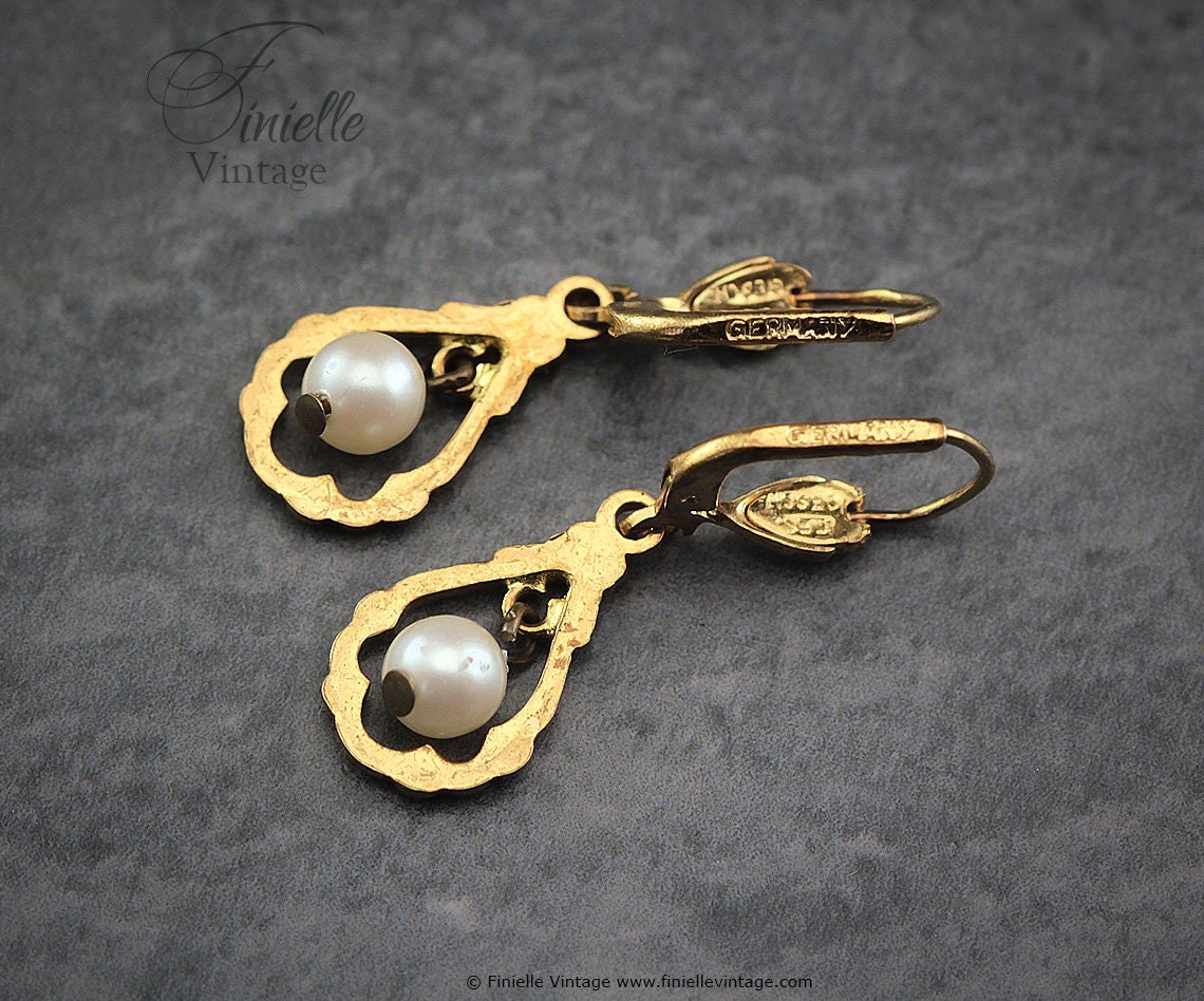 Vintage 1930s Art Deco Germany Ges Gesch Earrings, Gold Tone, Faux Pearls, Gift for Women, Unique Vintage Jewellery Jewelry, RARE