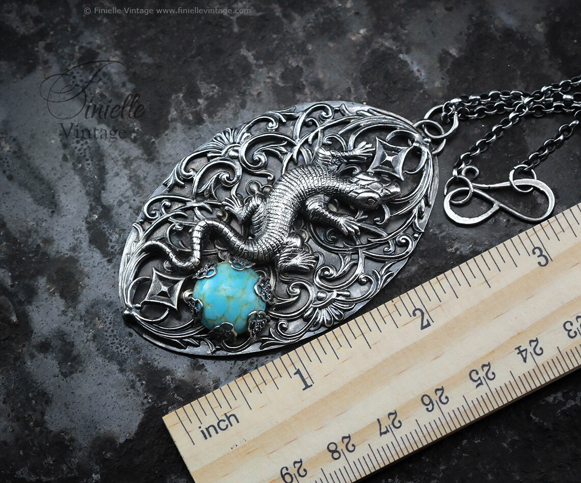 Vintage Art Deco Revival Lizard Ornate Filigree Pendant Necklace, Antique Silver Plated, Faux Turquoise, Sterling Silver Chain, Unique Gift