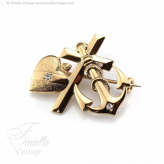 Antique Vintage Art Nouveau Style 1930s Faith Hope and Charity Brooch Pin, 18Ct Gold Filled, Unique Vintage Jewelry Jewellery
