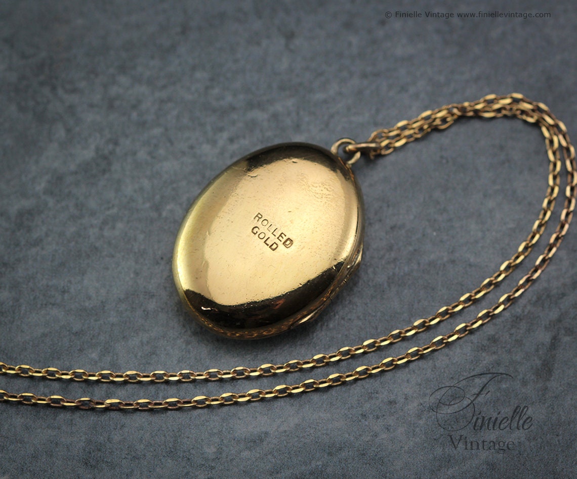 Antique Vintage Art Deco Era 1920-1930s Rolled Gold Engraved Ornate Oval Shape 2 Photo Locket Pendant, 19" Necklace, Gold Plated Brass Chain