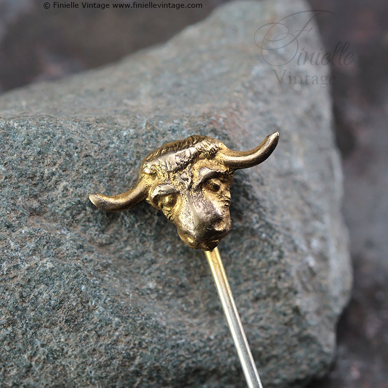 Set Antique and Vintage Stick Pins, Hat Pins, Glass Clear Rhinestones, Gold tone Bull Head, Netherlands 1937 Silver Ten Cents