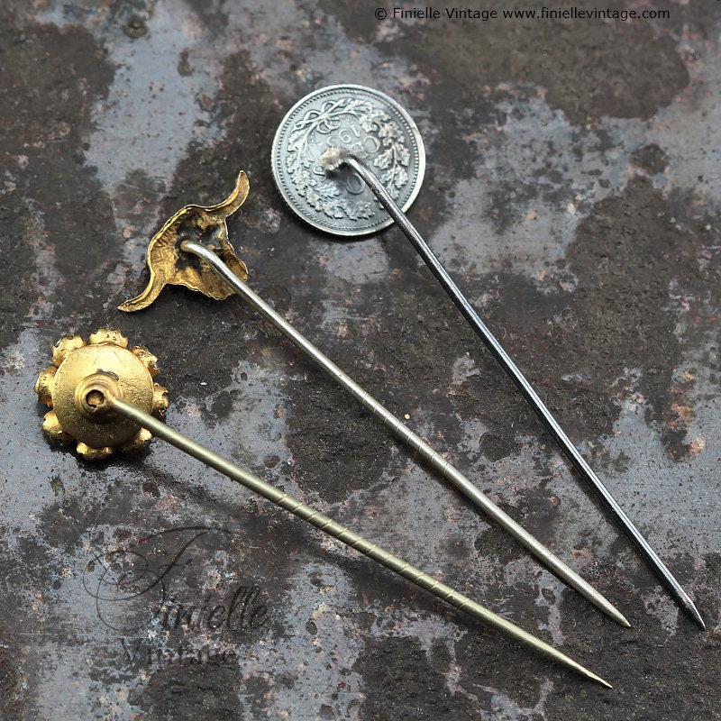 Set Antique and Vintage Stick Pins, Hat Pins, Glass Clear Rhinestones, Gold tone Bull Head, Netherlands 1937 Silver Ten Cents