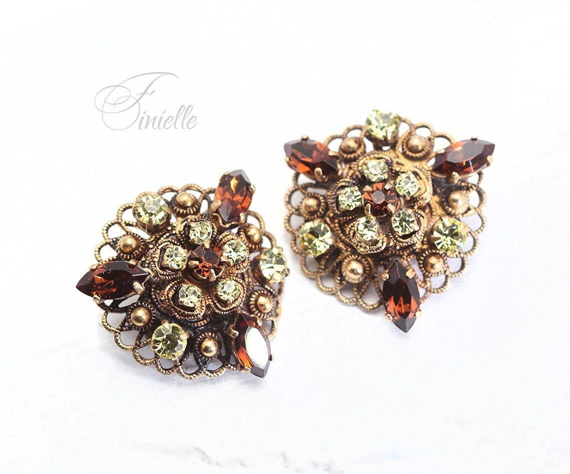 Vintage Czech 1930s Smoked Topaz Citrine Rhinestone Filigree Clip-On Earrings, Gold Plated, Gift for Women, Jewelry Art Deco Jewellery