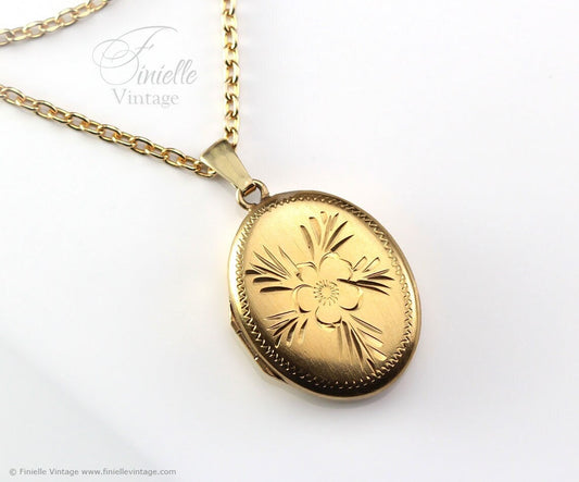 Vintage 1970s 14Ct Rolled Gold Floral Engraved Oval 2 Photo Locket Pendant Necklace, 18Ct Gold Plated 19" Chain, Unique Vintage Gift Jewelry