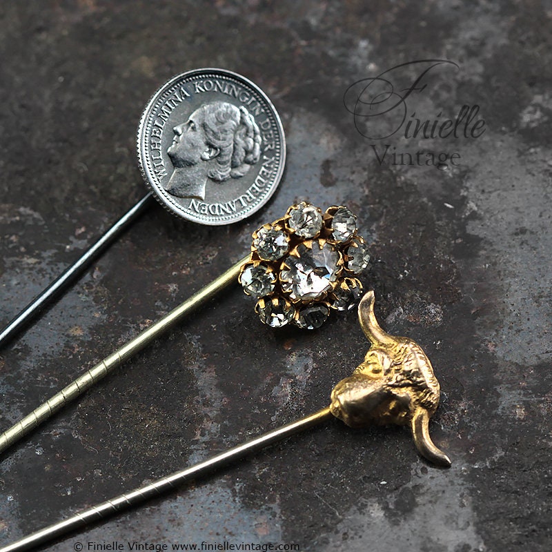 Set Antique and Vintage Stick Pins, Hat Pins, Glass Clear Rhinestones, Gold tone Bull Head, Netherlands 1937 Silver Ten Cents